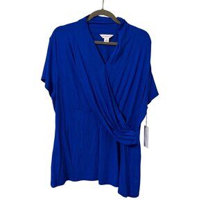 Liz Claiborne blouse Sz 1X Royal Blue Short Sleeve Surplice Top With Draped Fron